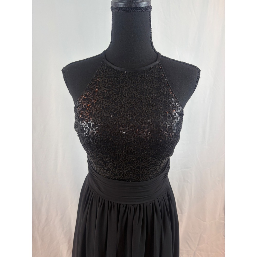 Black Sequin Halter Neck Maxi Dress Open Back Ruched Waist Formal Evening Gown - Picture 3 of 16